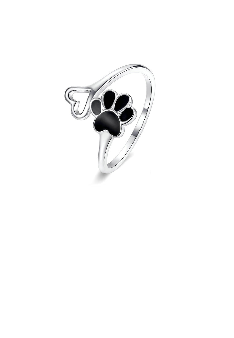925 Sterling Silver Simple Cute Dog Paw Print Hollow Heart Adjustable Open Ring