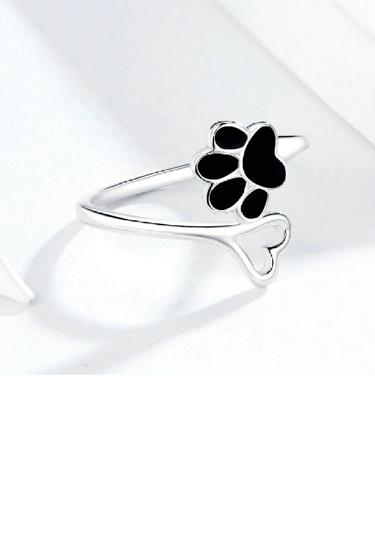925 Sterling Silver Simple Cute Dog Paw Print Hollow Heart Adjustable Open Ring