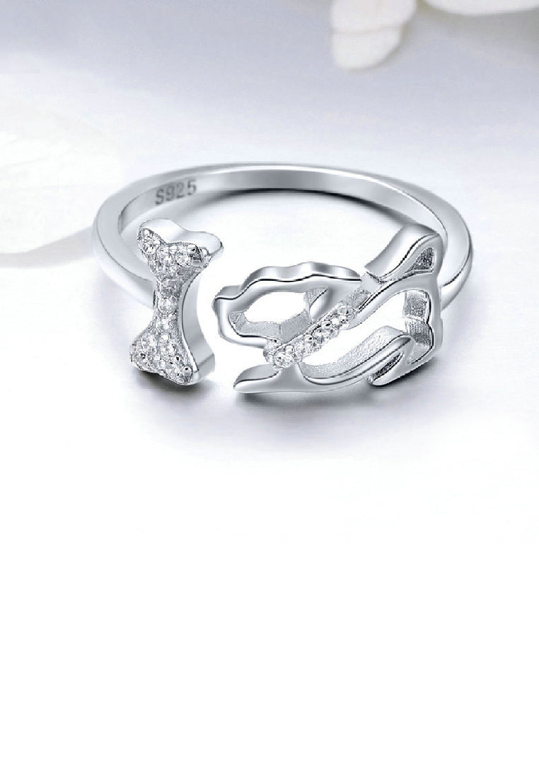 925 Sterling Silver Simple Cute Hollow Puppy Bone Adjustable Open Ring with Cubic Zirconia - Luxurious Look