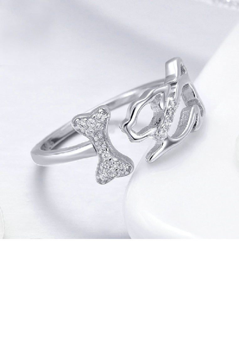 925 Sterling Silver Simple Cute Hollow Puppy Bone Adjustable Open Ring with Cubic Zirconia - Luxurious Look