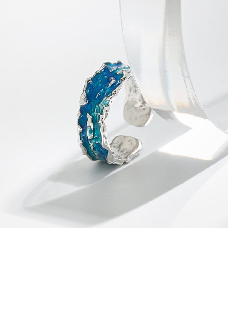 925 Sterling Silver Fashion Personality Enamel Blue Irregular Texture Geometric Adjustable Open Ring