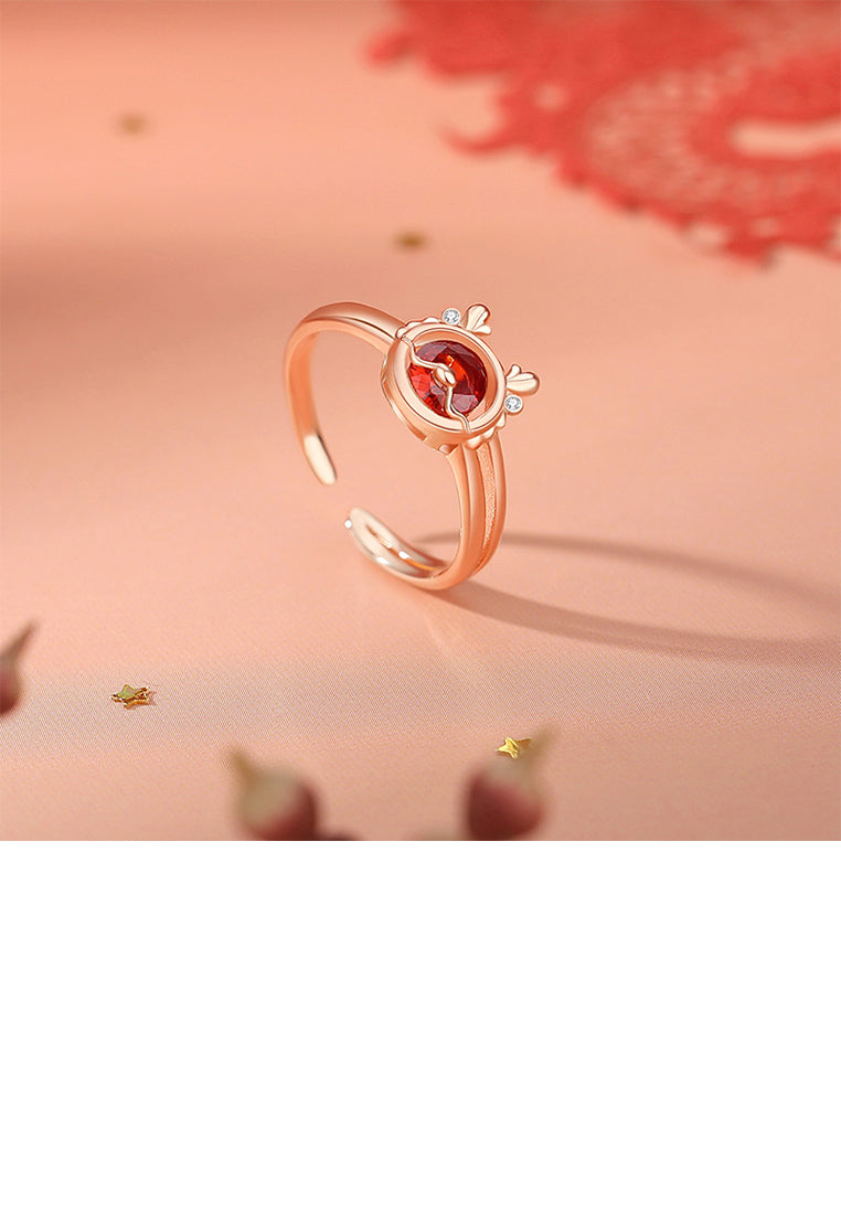 925 Sterling Silver Plated Rose Gold Fashion Vintage Twelve Zodiac Dragon Adjustable Open Ring with Cubic Zirconia - Luxurious Look