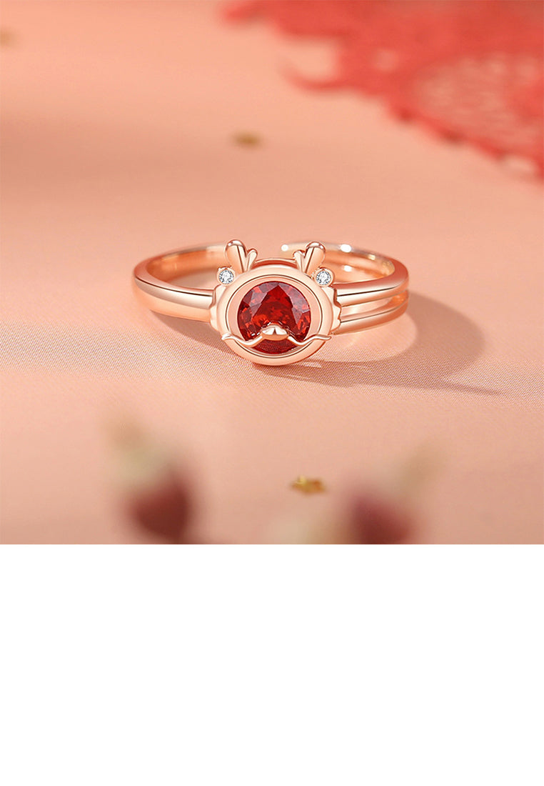 925 Sterling Silver Plated Rose Gold Fashion Vintage Twelve Zodiac Dragon Adjustable Open Ring with Cubic Zirconia - Luxurious Look