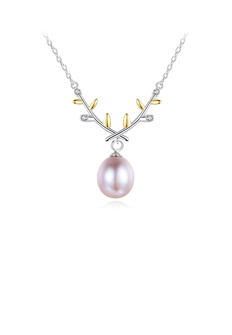925 Sterling Silver Fashion Temperament Golden Leaf Purple Freshwater Pearl Necklace - Luxurious Look