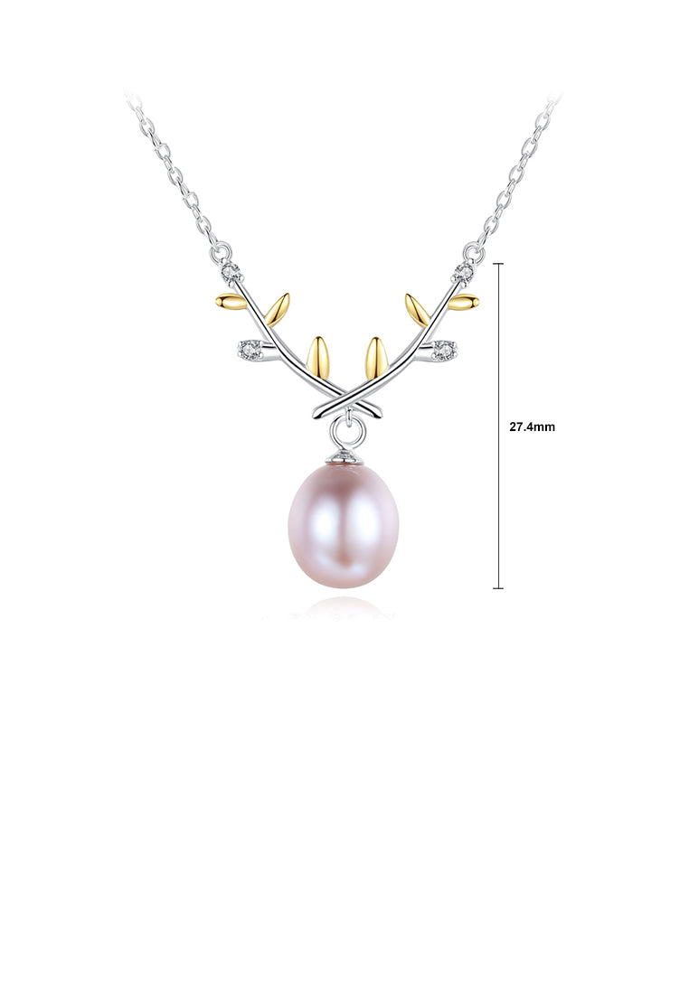 925 Sterling Silver Fashion Temperament Golden Leaf Purple Freshwater Pearl Necklace - Luxurious Look