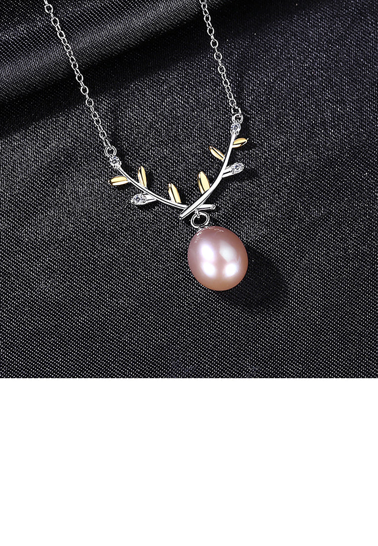925 Sterling Silver Fashion Temperament Golden Leaf Purple Freshwater Pearl Necklace - Luxurious Look