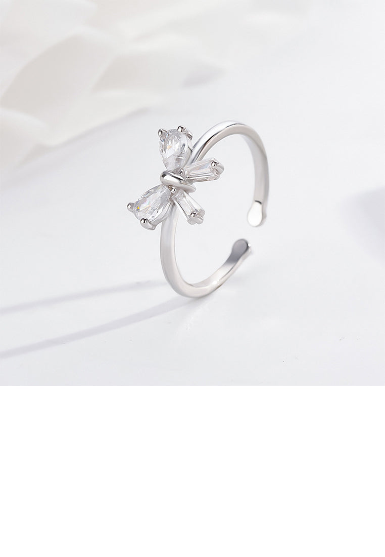 925 Sterling Silver Simple Sweet Ribbon Adjustable Open Ring with Cubic Zirconia - Luxurious Look