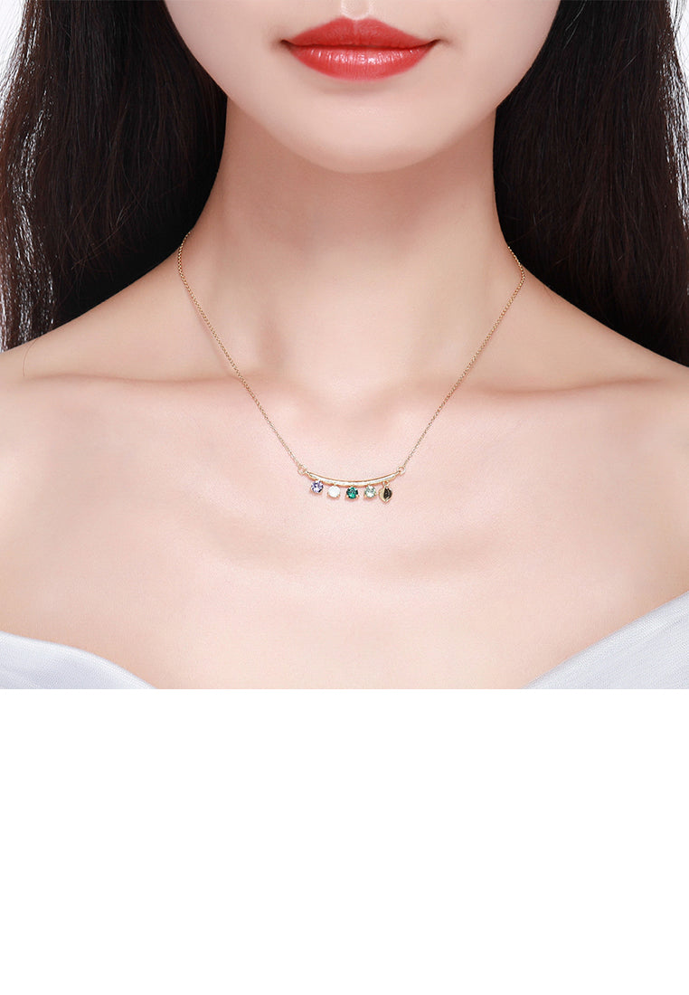 925 Sterling Silver Plated Gold Simple Bar Austrian Element Crystal Pendant Necklace