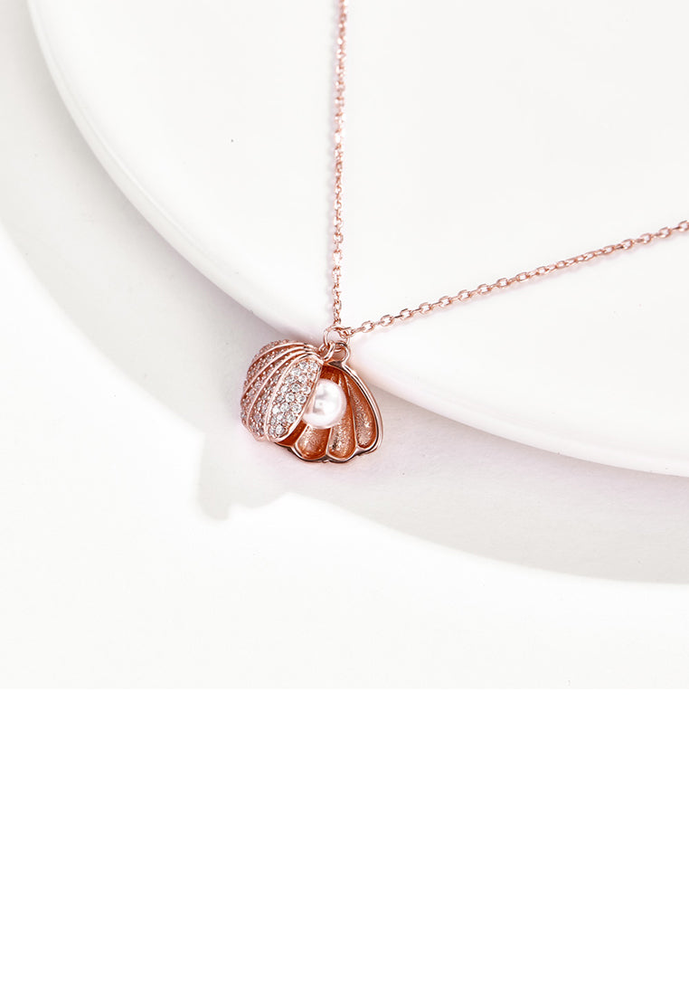 925 Sterling Silver Elegant Fashion Rose Gold Plated Pearl Pendant Necklace with Austrian Element Crystal - Luxurious Look
