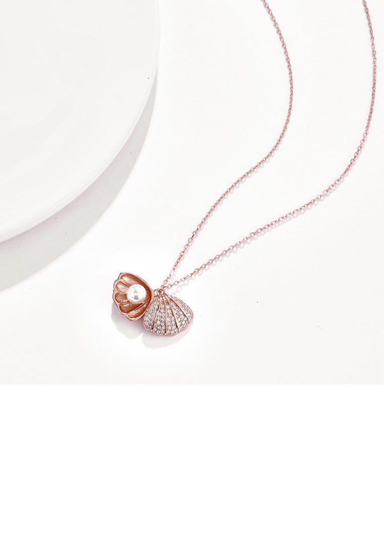 925 Sterling Silver Elegant Fashion Rose Gold Plated Pearl Pendant Necklace with Austrian Element Crystal - Luxurious Look