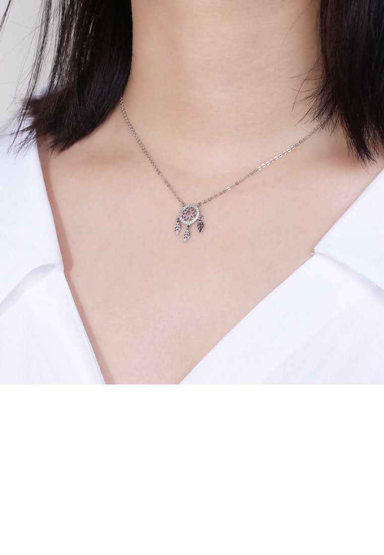 925 Sterling Silver Dream Catcher Necklace with White Austrian Element Crystal