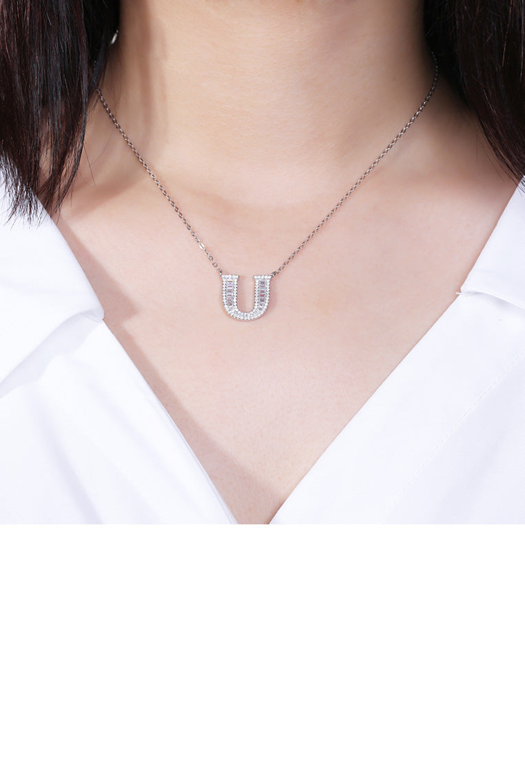 925 Sterling Silver Fashion Personality English Alphabet U Cubic Zircon Necklace