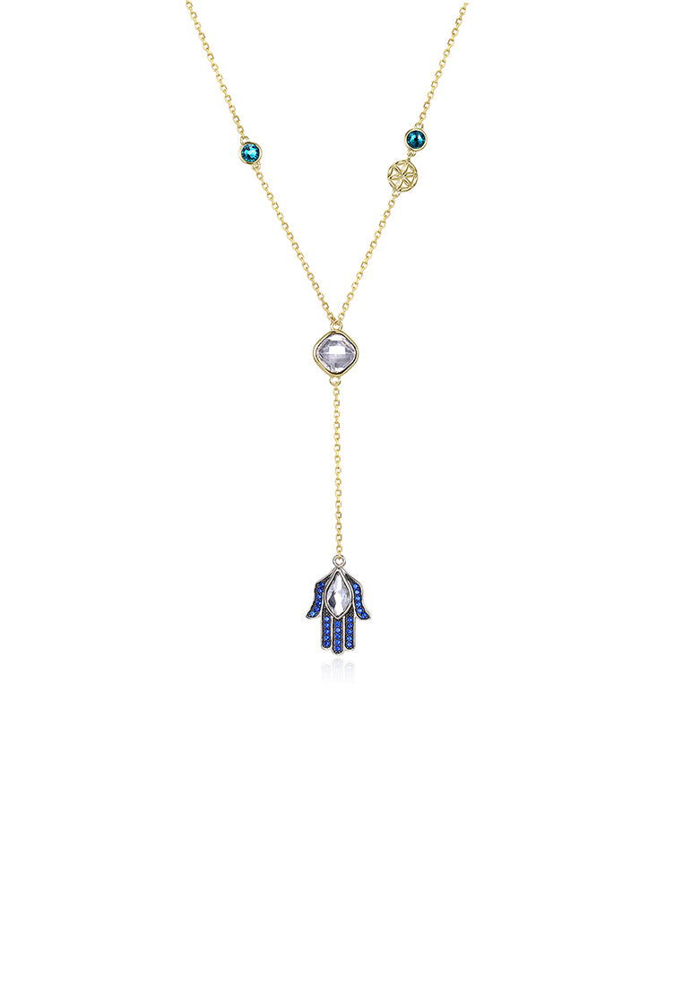 925 Sterling Silver Lucky Hand Necklace with Blue Austrian Element Crystal