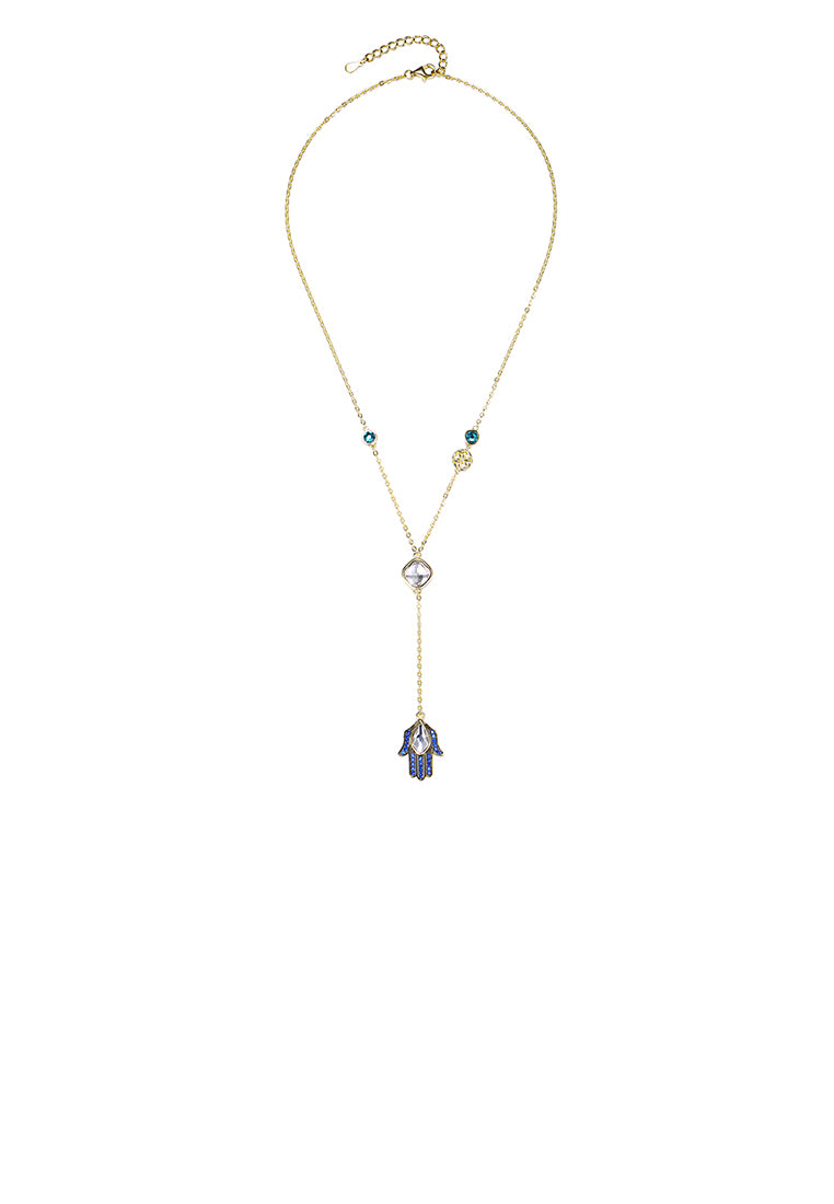 925 Sterling Silver Lucky Hand Necklace with Blue Austrian Element Crystal