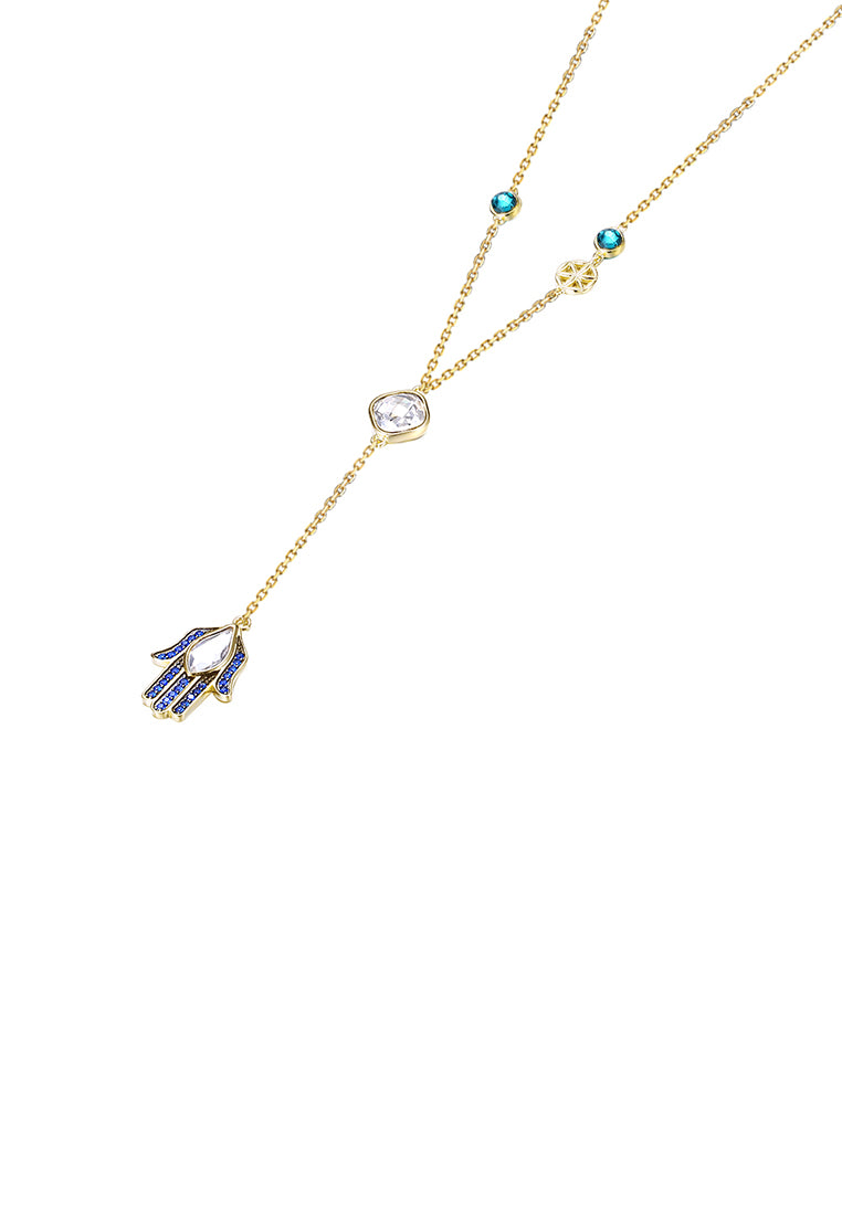 925 Sterling Silver Lucky Hand Necklace with Blue Austrian Element Crystal
