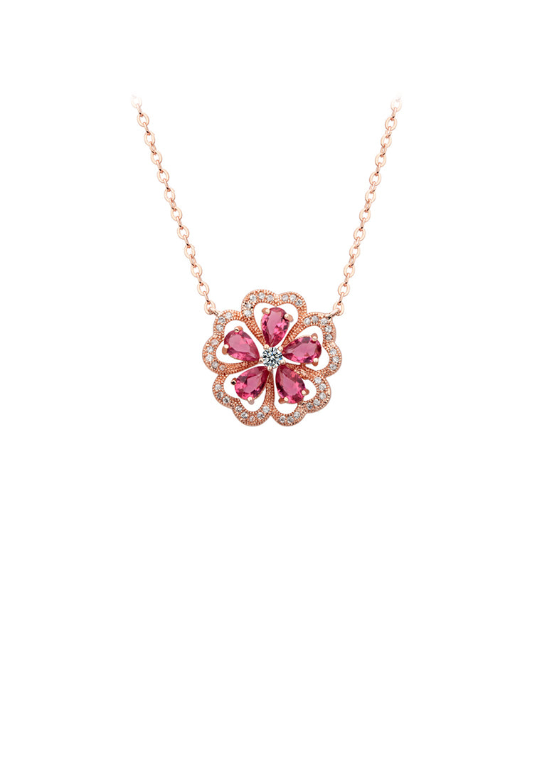 Fashion and Elegant Plated Rose Gold Flower Rose Red Cubic Zirconia Necklace - Luxurious Look - Vibrant Color