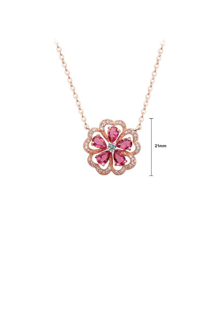 Fashion and Elegant Plated Rose Gold Flower Rose Red Cubic Zirconia Necklace - Luxurious Look - Vibrant Color