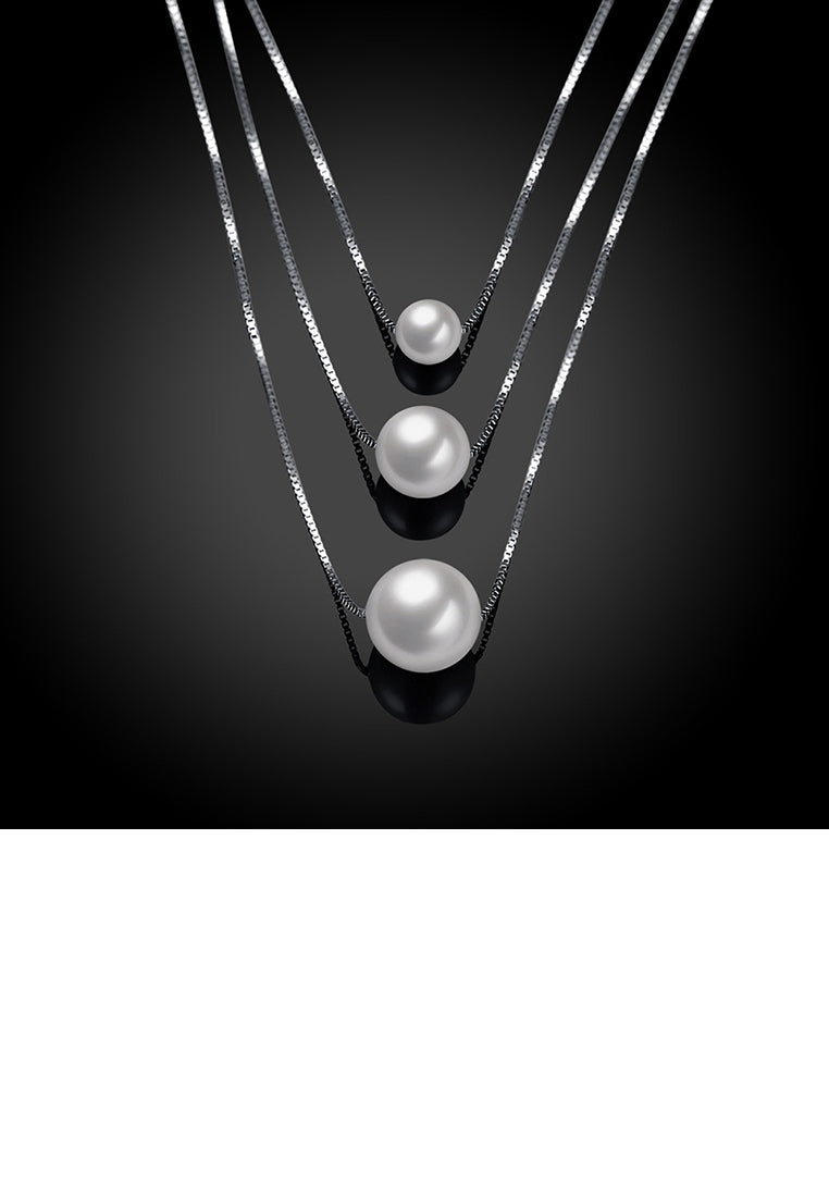 925 Sterling Silver Simple Three Layer Pearl Necklace - Luxurious Look