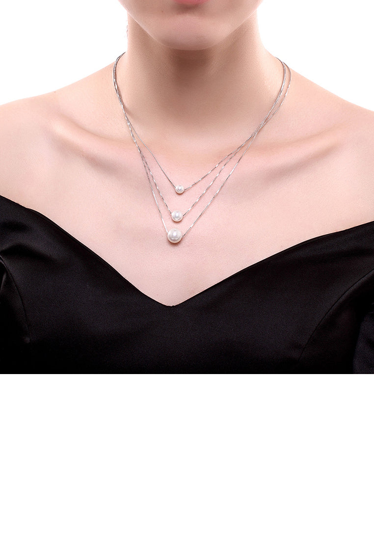 925 Sterling Silver Simple Three Layer Pearl Necklace - Luxurious Look