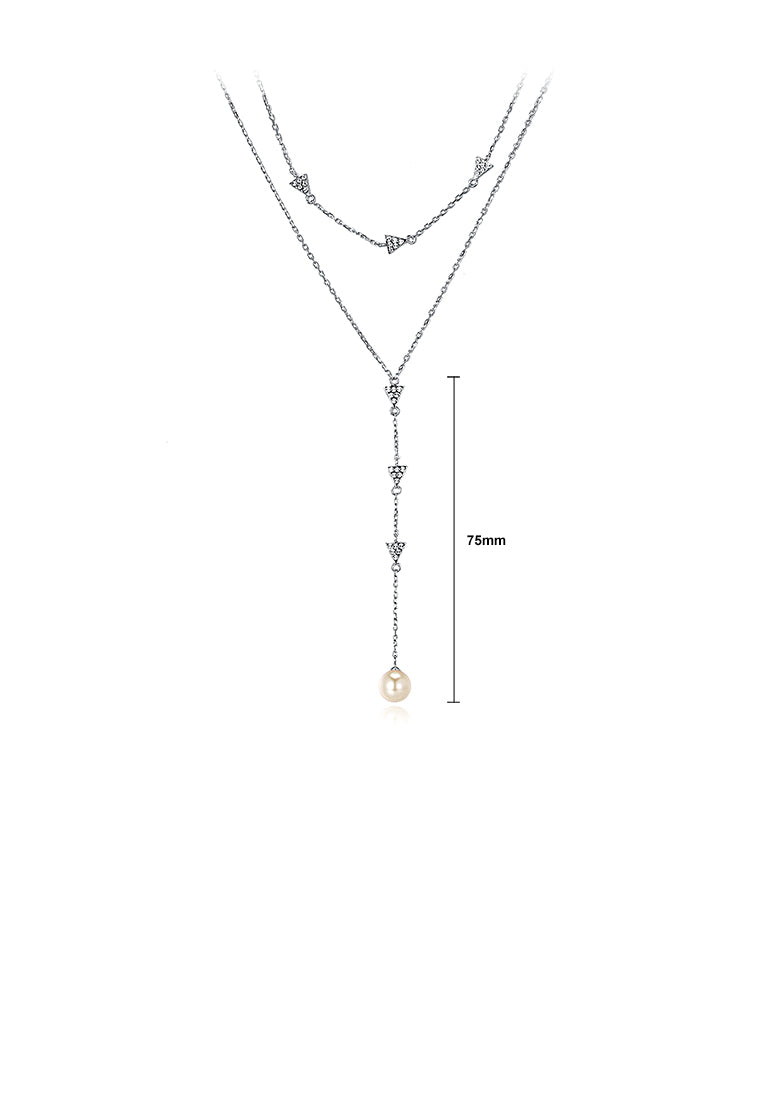 925 Sterling Silver Double Necklace with Austrian Element Crystals and Fashion Pearl - Luxurious Look