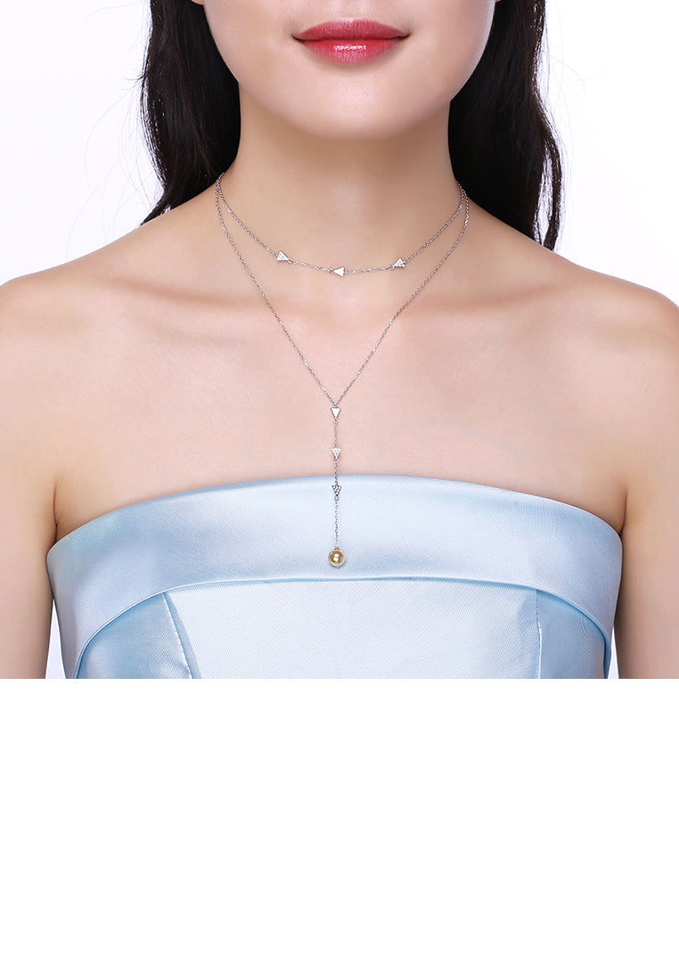 925 Sterling Silver Double Necklace with Austrian Element Crystals and Fashion Pearl - Luxurious Look