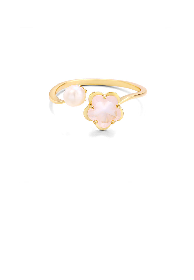 925 Sterling Silver Plated Gold Fashion and Elegant Cherry Blossom Freshwater Pearl Adjustable Ring with Cubic Zirconia - Luxurious Look