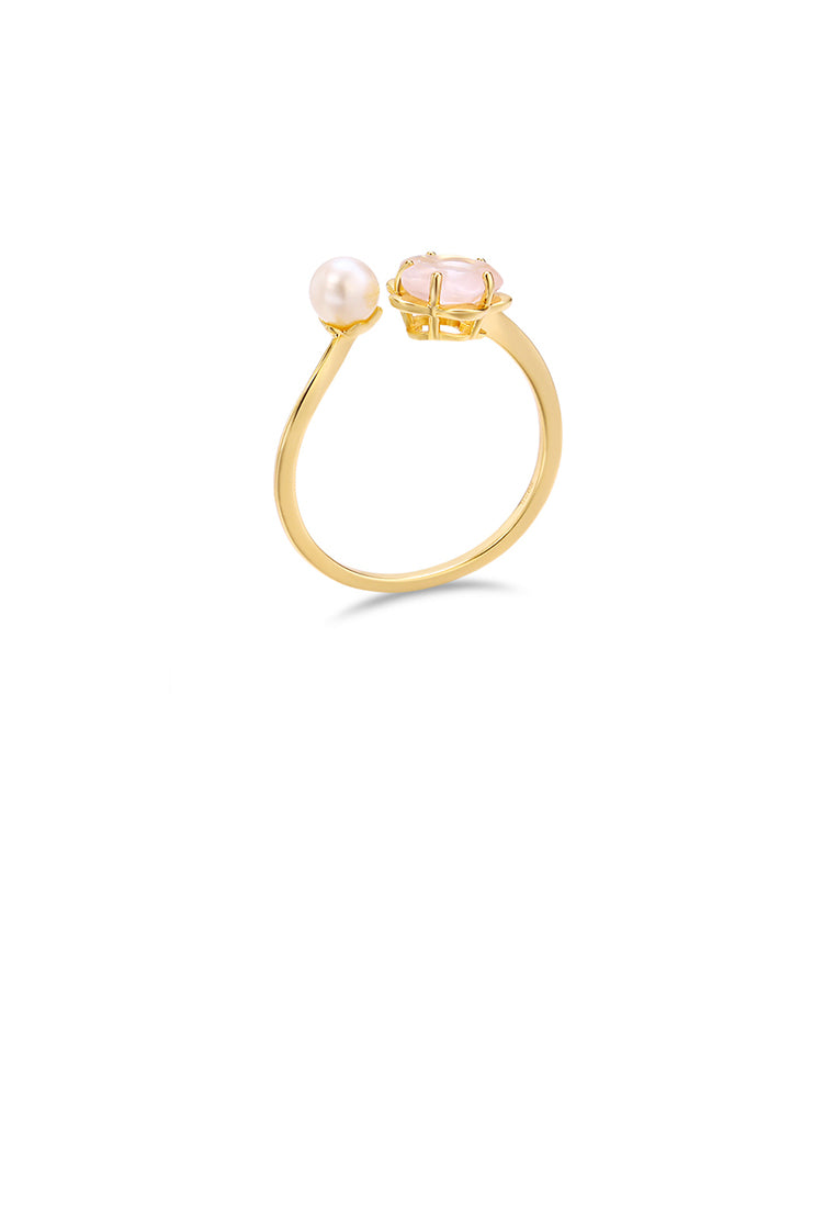 925 Sterling Silver Plated Gold Fashion and Elegant Cherry Blossom Freshwater Pearl Adjustable Ring with Cubic Zirconia - Luxurious Look