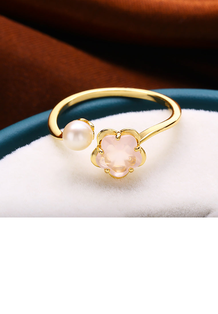 925 Sterling Silver Plated Gold Fashion and Elegant Cherry Blossom Freshwater Pearl Adjustable Ring with Cubic Zirconia - Luxurious Look