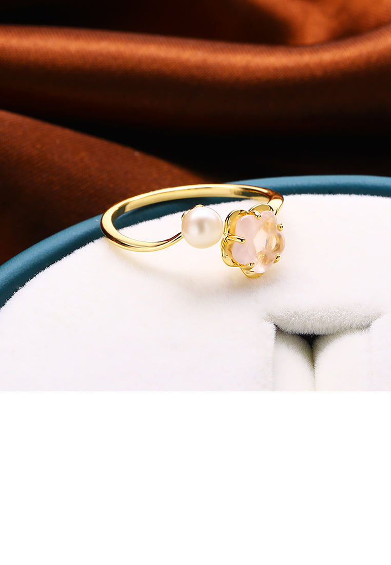 925 Sterling Silver Plated Gold Fashion and Elegant Cherry Blossom Freshwater Pearl Adjustable Ring with Cubic Zirconia - Luxurious Look