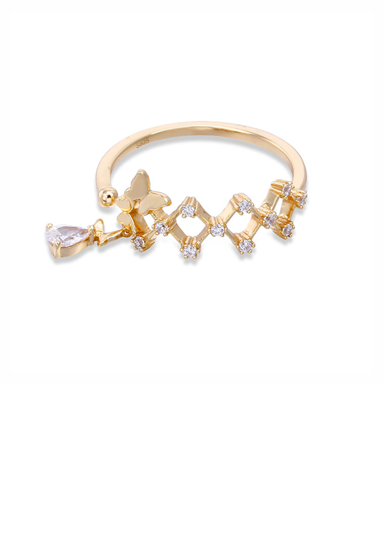 925 Sterling Silver Plated Gold Fashion and Elegant Butterfly Rhombus Adjustable Opening Ring with Cubic Zirconia - Luxurious Look