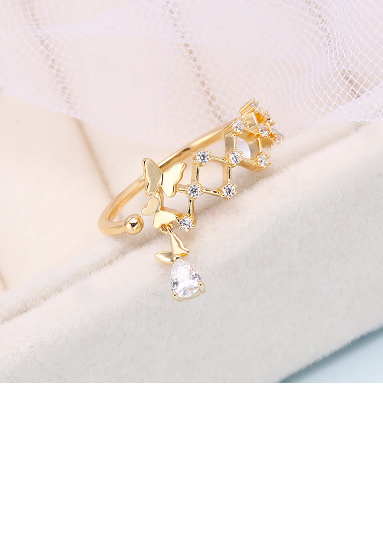 925 Sterling Silver Plated Gold Fashion and Elegant Butterfly Rhombus Adjustable Opening Ring with Cubic Zirconia - Luxurious Look