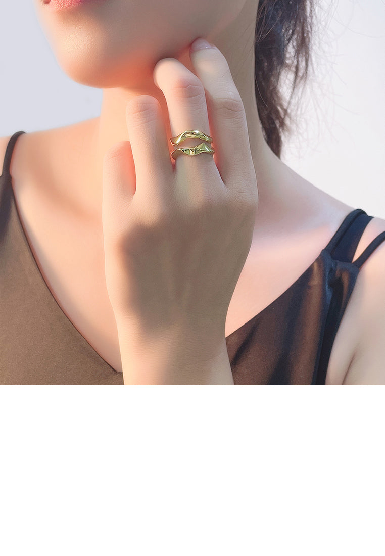 925 Sterling Silver Plated Gold Simple Personality Double-layer Irregular Geometric Adjustable Opening Ring
