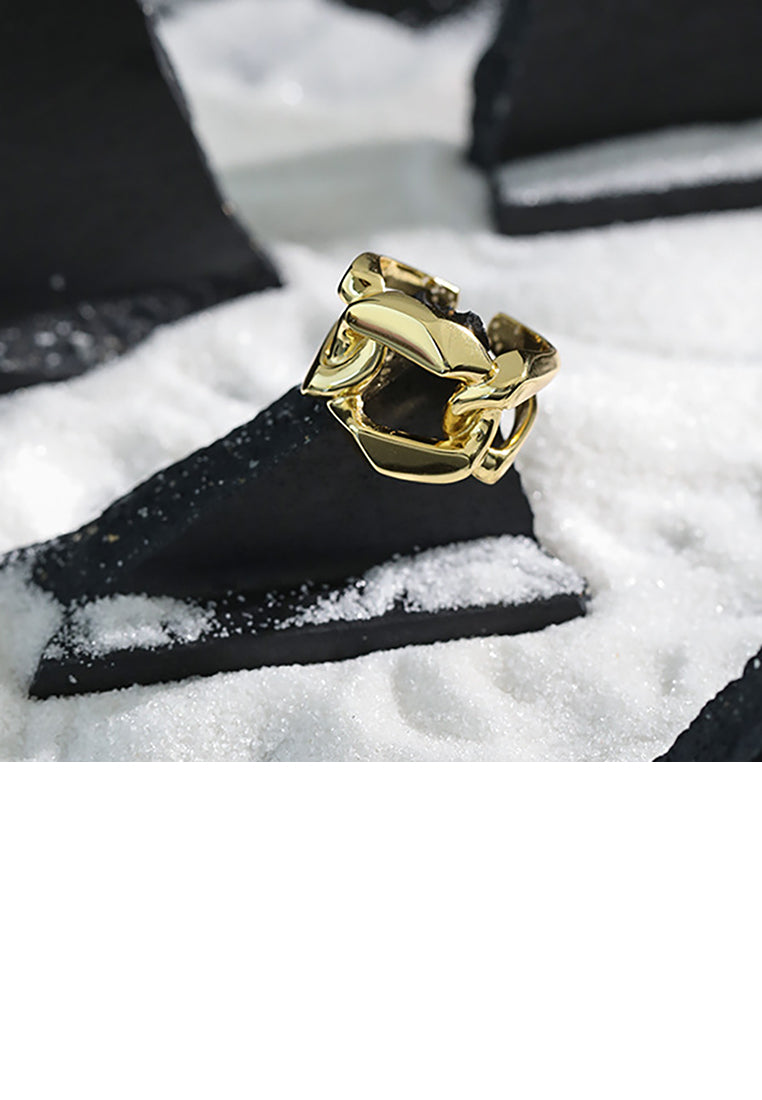 925 Sterling Silver Plated Gold Fashion Personality Hollow Geometric Chain Adjustable Open Ring