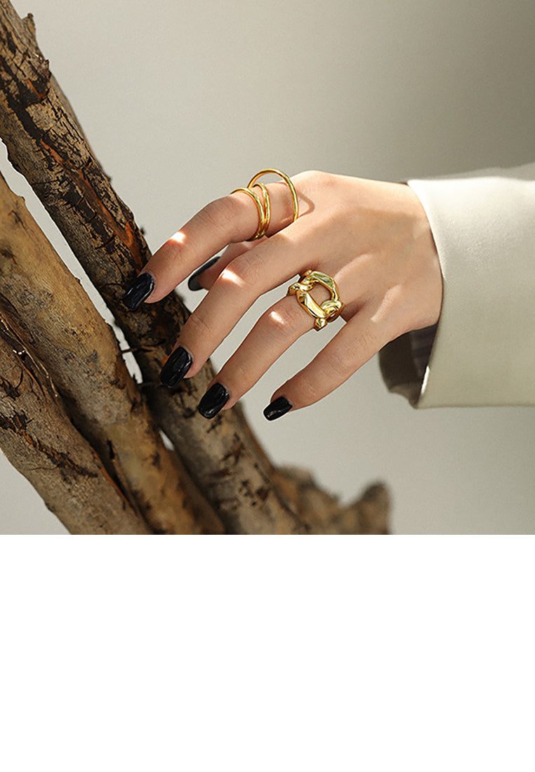 925 Sterling Silver Plated Gold Fashion Personality Hollow Geometric Chain Adjustable Open Ring