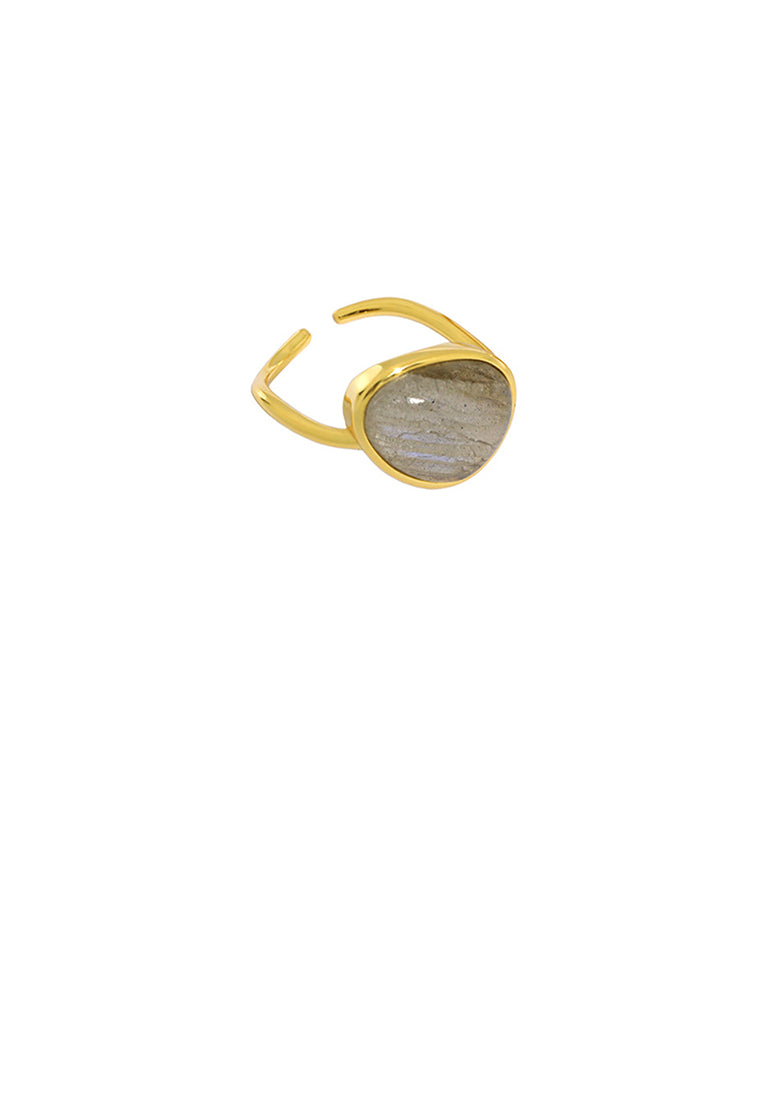 925 Sterling Silver Plated Gold Fashion Simple Geometric Imitation Moonstone Adjustable Opening Ring