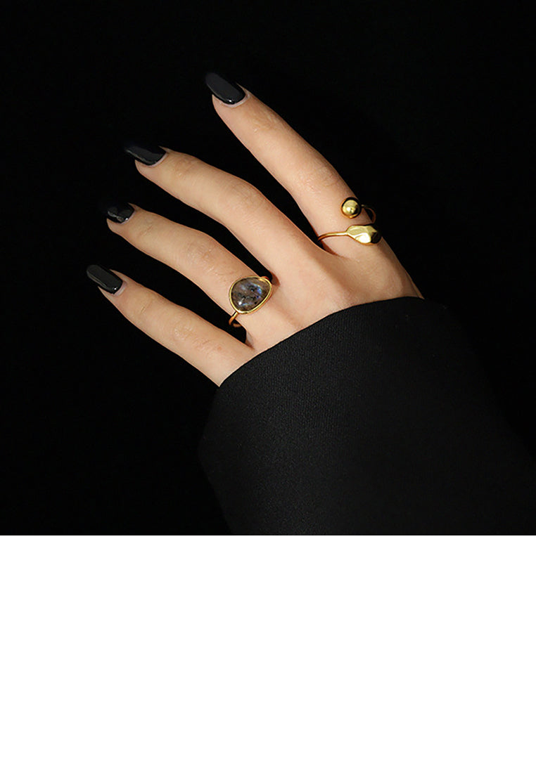 925 Sterling Silver Plated Gold Fashion Simple Geometric Imitation Moonstone Adjustable Opening Ring