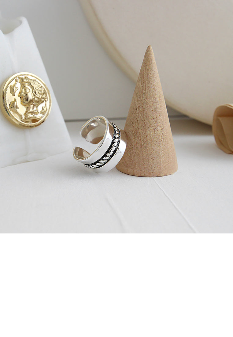 925 Sterling Silver Simple Fashion Twist Geometric Wide Version Adjustable Opening Ring