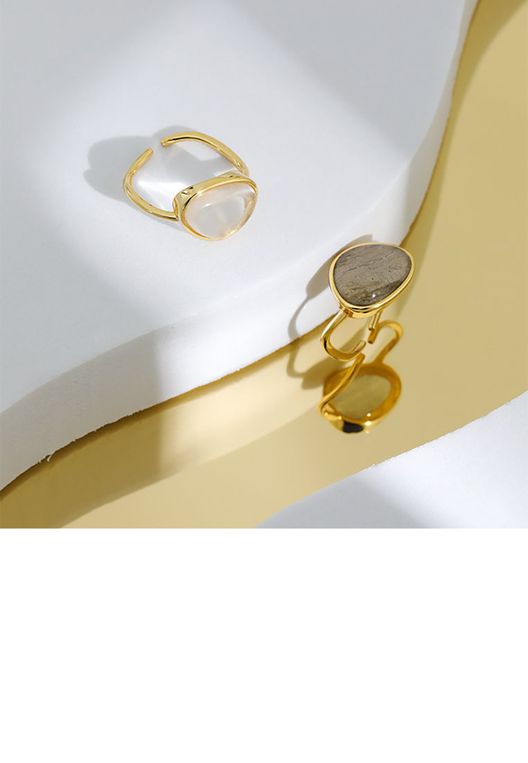 925 Sterling Silver Plated Gold Fashion Simple Geometric Crystal Adjustable Open Ring