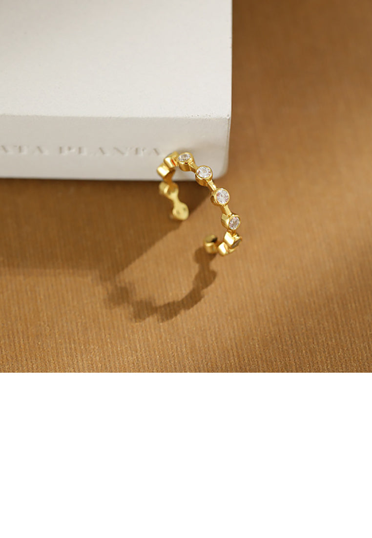 925 Sterling Silver Plated Gold Simple Temperament Geometric Round Cubic Zirconia Adjustable Open Ring - Luxurious Look