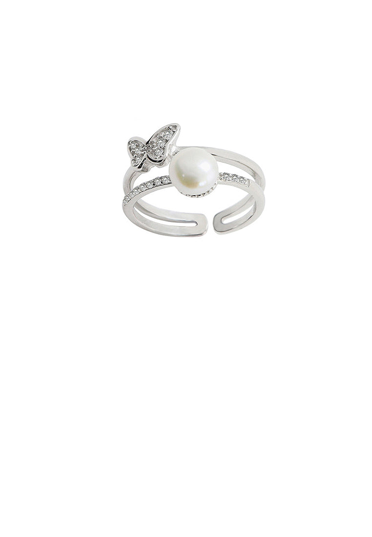 925 Sterling Silver Fashion and Elegant Butterfly Freshwater Pearl Adjustable Open Ring with Cubic Zirconia - Luxurious Look