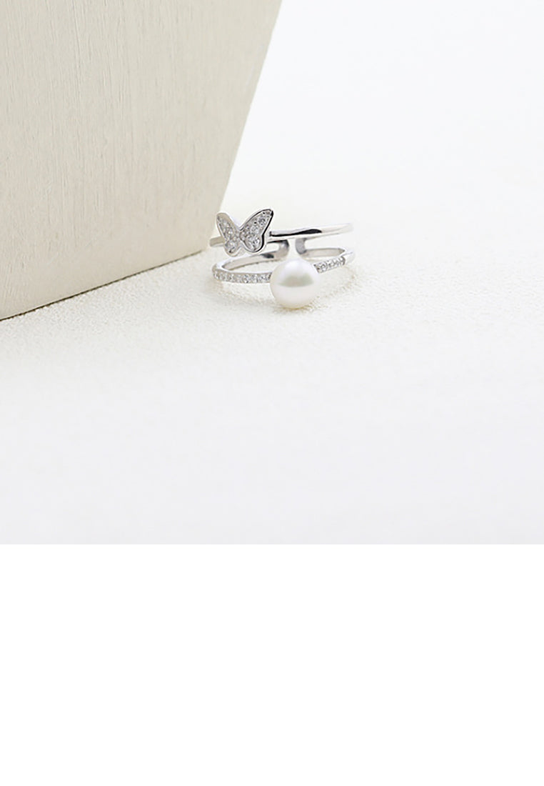 925 Sterling Silver Fashion and Elegant Butterfly Freshwater Pearl Adjustable Open Ring with Cubic Zirconia - Luxurious Look