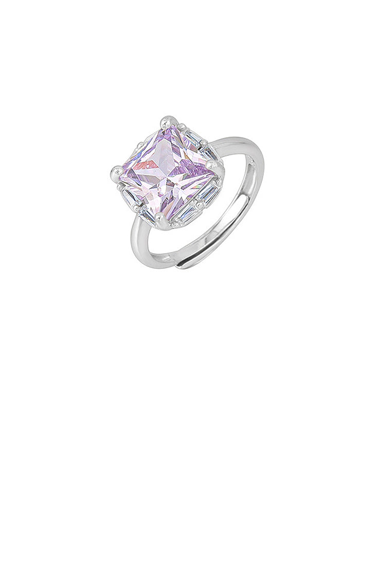 925 Sterling Silver Fashion Simple Geometric Square Light Purple Cubic Zirconia Adjustable Ring - Luxurious Look