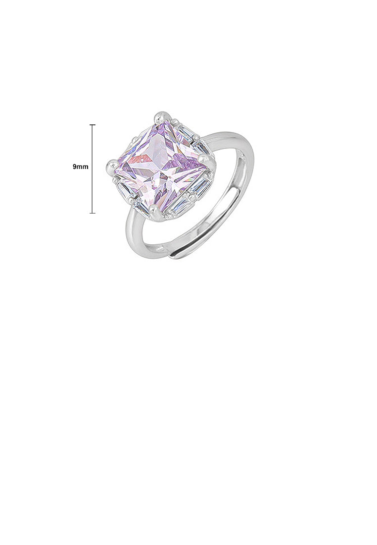925 Sterling Silver Fashion Simple Geometric Square Light Purple Cubic Zirconia Adjustable Ring - Luxurious Look