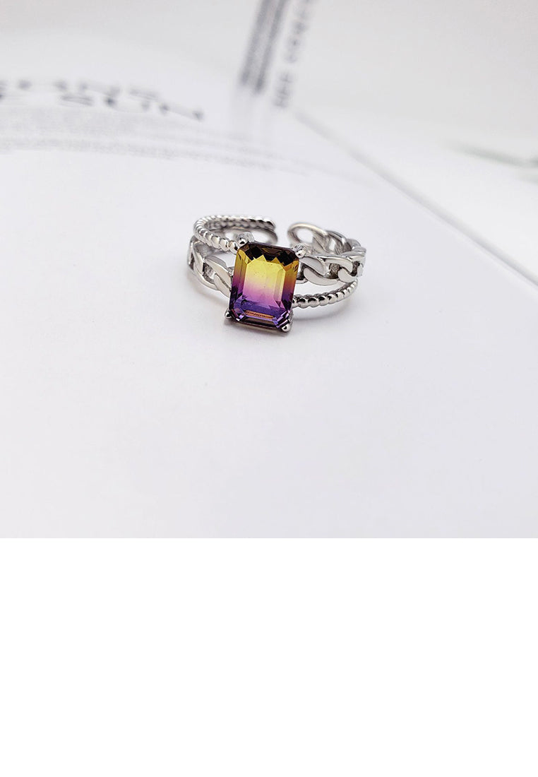 925 Sterling Silver Fashion Simple Twist Double-layer Geometric Adjustable Opening Ring with Purple-yellow Cubic Zirconia - Luxurious Look