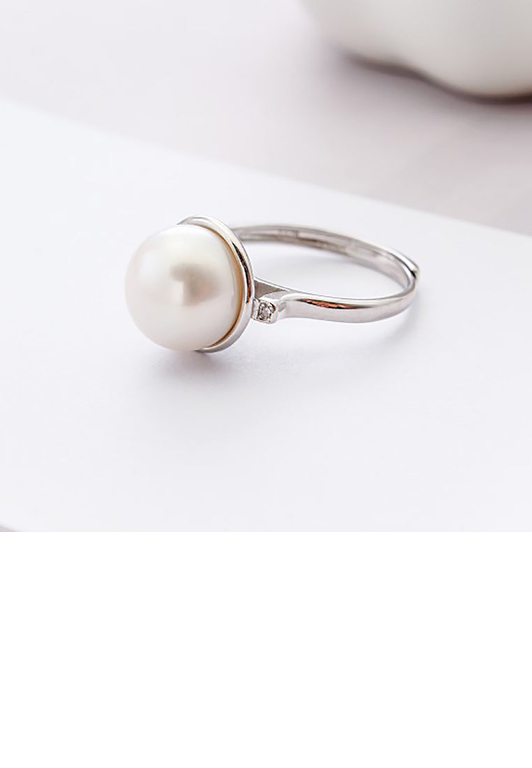 925 Sterling Silver Fashion Simple Geometric Round Freshwater Pearl Adjustable Ring - Luxurious Look