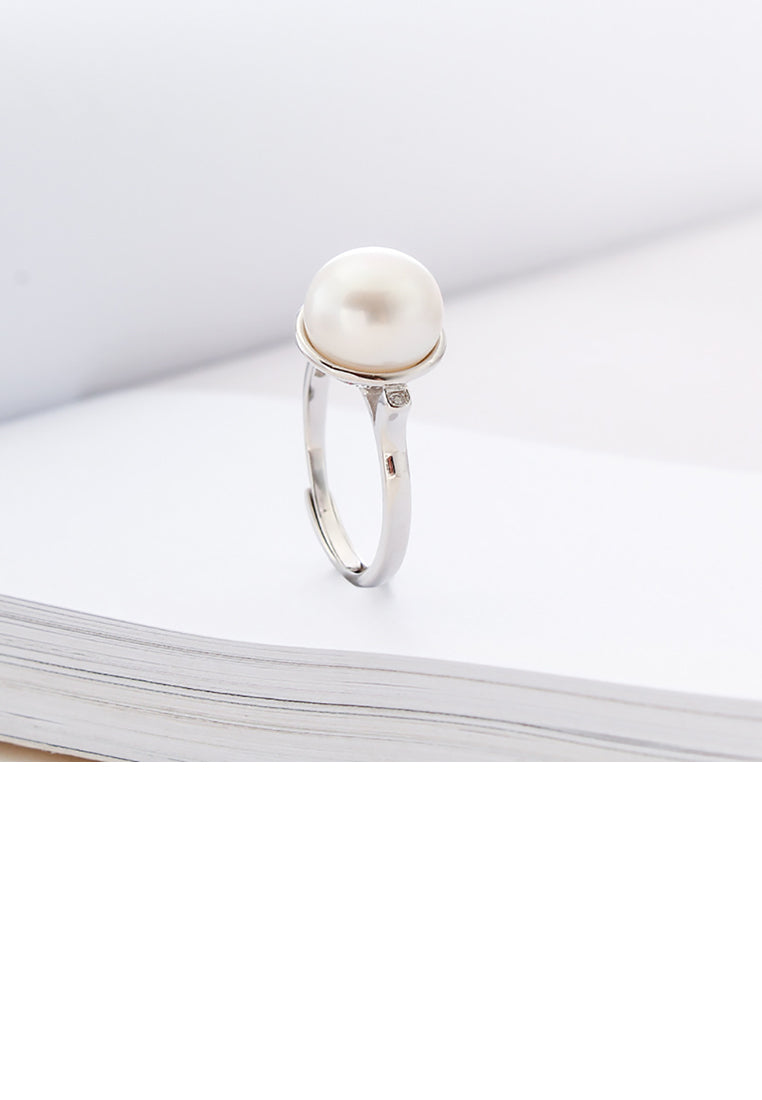 925 Sterling Silver Fashion Simple Geometric Round Freshwater Pearl Adjustable Ring - Luxurious Look