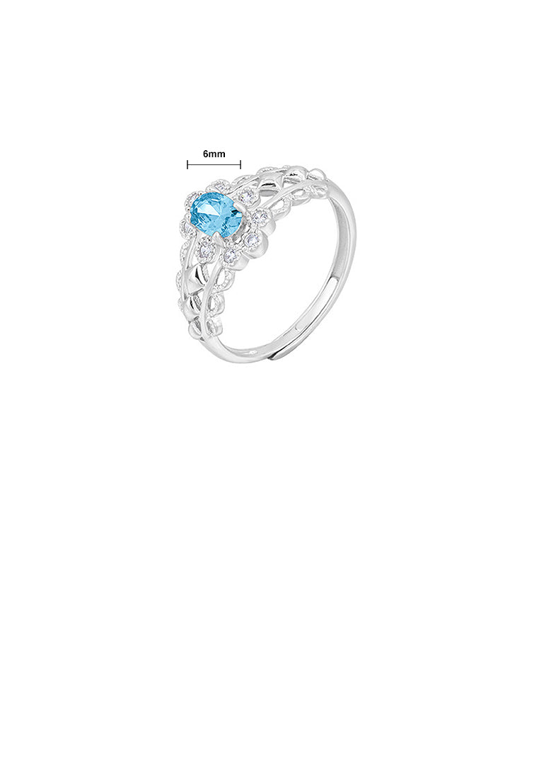 925 Sterling Silver Fashion and Elegant Hollow Pattern Geometric Adjustable Ring with Blue Cubic Zirconia - Luxurious Look