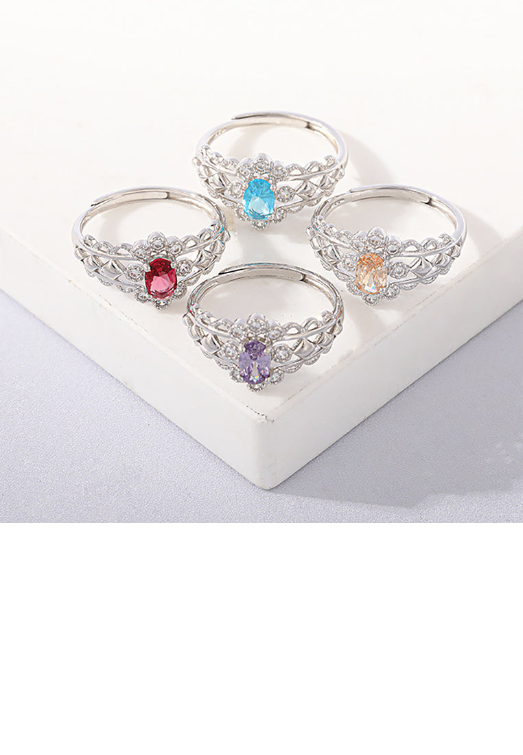 925 Sterling Silver Fashion and Elegant Hollow Pattern Geometric Adjustable Ring with Blue Cubic Zirconia - Luxurious Look