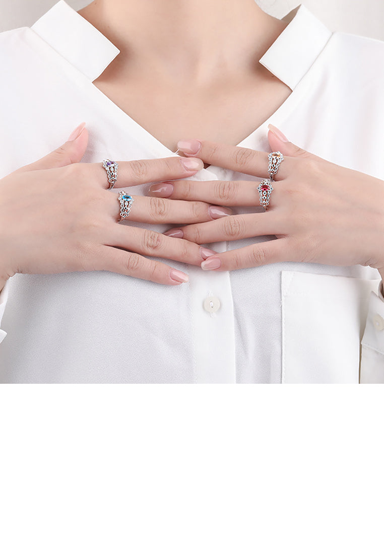 925 Sterling Silver Fashion and Elegant Hollow Pattern Geometric Adjustable Ring with Blue Cubic Zirconia - Luxurious Look