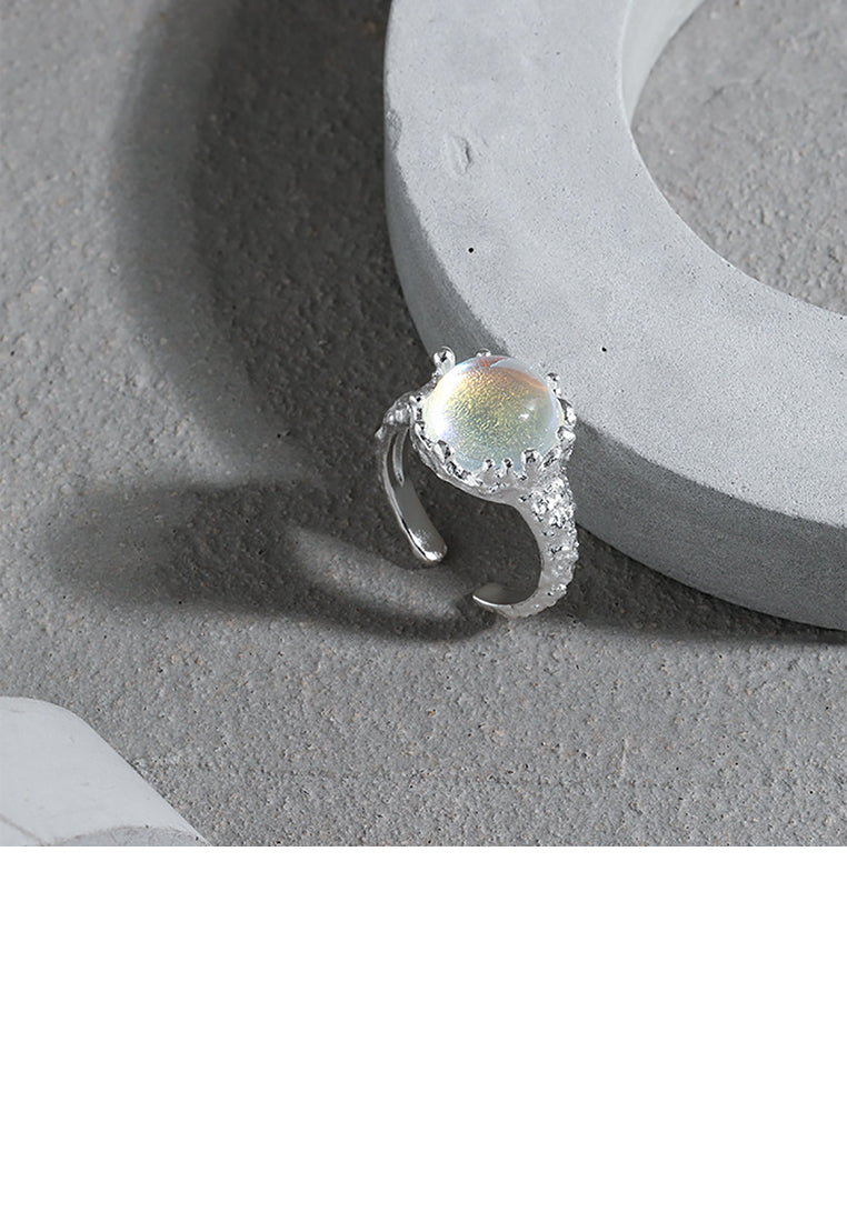 925 Sterling Silver Fashion Simple Geometric Round Moonstone Adjustable Opening Ring